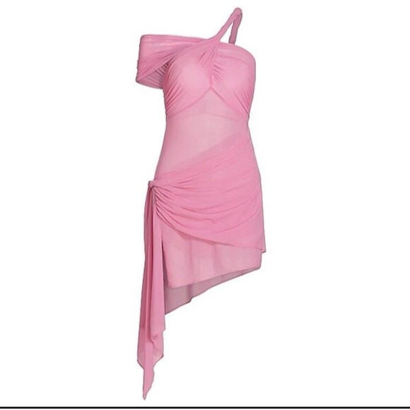 Ronny Kobo Izel Asymmetrical Off the Shoulder Sheer Pink Mini Dress Small - Picture 1 of 9